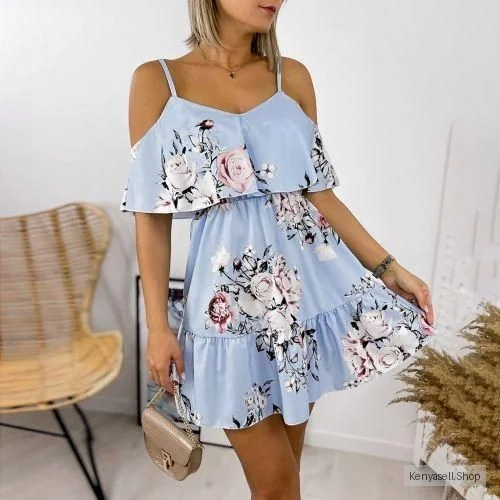 Style Women Elegant Floral Print V-neck-Blue