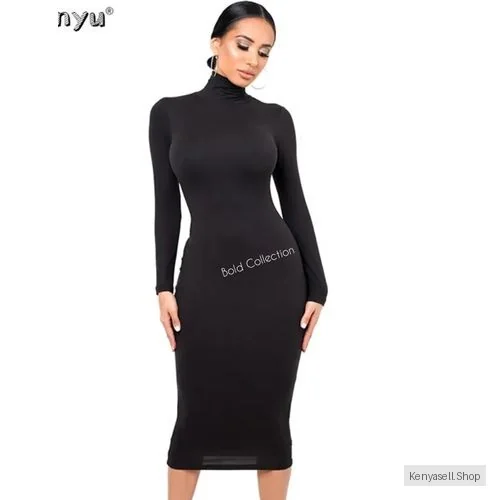 Hottest Black Longsleeve Mock Neck Ribbed Bodycon Dress(Hips 36-44inches Fit)