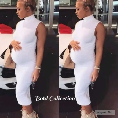 Sexiest White Mock Neck Stretchy MATERNITY Bodycon Dress (Size 8-14" Fit).