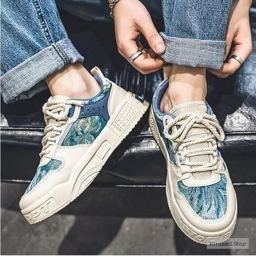 BLWOENS Men's Casual Sneakers Lace-up Skate Shoes Comfortable Retro Fashion Sneakers-Blue/Beige