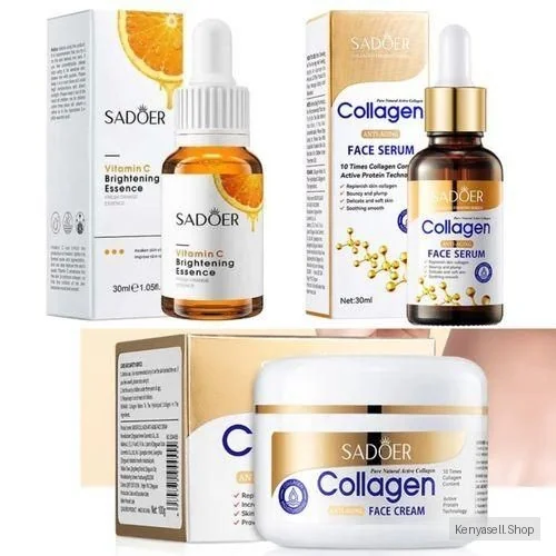 SADOER 3 In 1, Collagen Anti Aging Cream + Vitamin C Face Brightening Essence + Collagen Anti Aging Face Serum