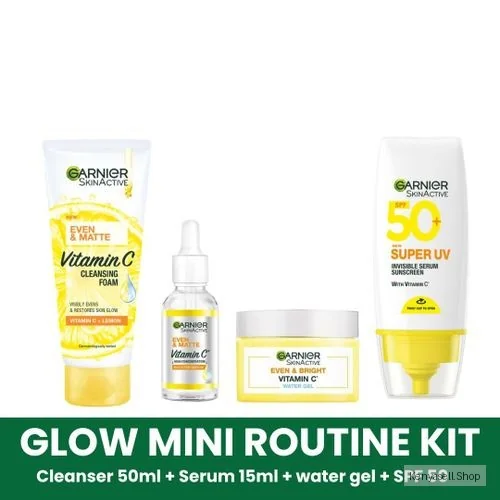 Garnier Even & Matte EVEN GLOW MINI-ROUTINE KIT: Super UV SPF 50 Sunscreen + Water Gel Glow Moisturizer + Day Serum 15ml + Cleanser 50ml.