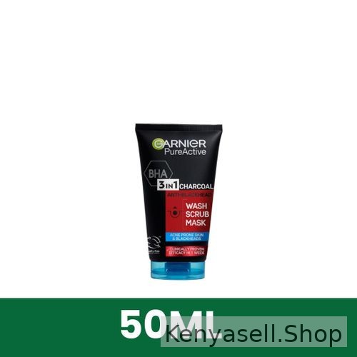 Garnier Pure Active 3-in-1 Anti Blackhead, Wash, Scrub, Mask, with BHA (Salycilic Acid) and Charcoal for Acne Prone Skin and Blackheads, 50ml