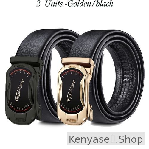 2 Pieces  Leather Automatic Buckle Belt - Black And Golden