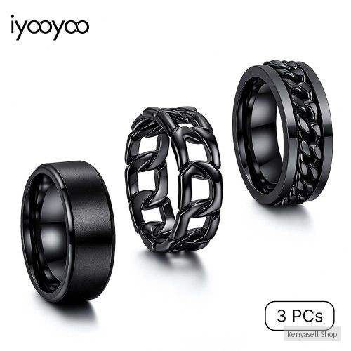 iyooyoo 3 PCS SET Stainless Male Ring Wonderful Jewelry Gift For Men, Cool Simple Band 8MM Width, Black