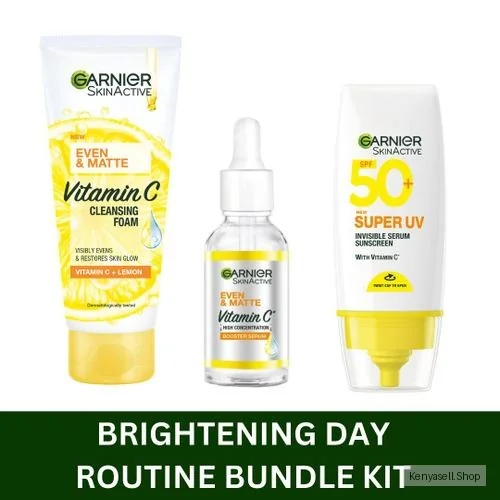 Garnier Brightening Day Routine Kit: Cleansing Foam 100ml + Vitamin C Day Serum 30 ml + Super UV Invisible Suncreen