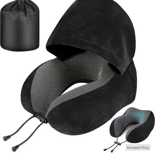 Hooded Travel Neck Pillow For Airplane, Velvet Memory Foam Neck Pillow -Black