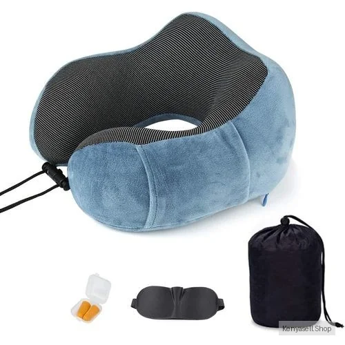 Travel Neck Pillow Set With Storage Bag + Eye Mask And Ear Plugs - Peacock Blue