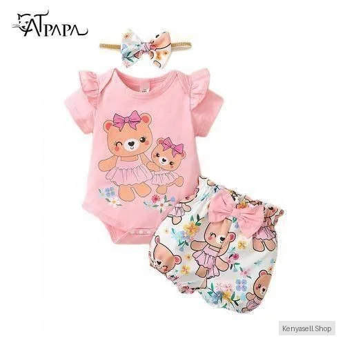 Catpapa 3-24Months Baby Girl Bear 3PCS Bodysuit Shorts With Headband