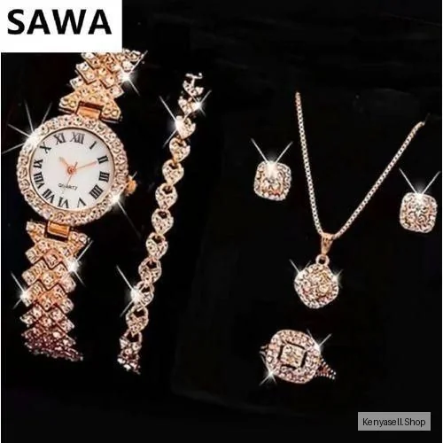 SAWA Fashion Elegant Ladies Wristwatch  Bracelet 6Pcs/Set Necklace Earring Ring Rose Gold