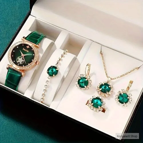 5Pcs Green Women's Watch & Jewelry Set - Elegant Crystal Necklace, Bracelet, Earrings, Ring For Party & Gift - Kenya Fashion 2025