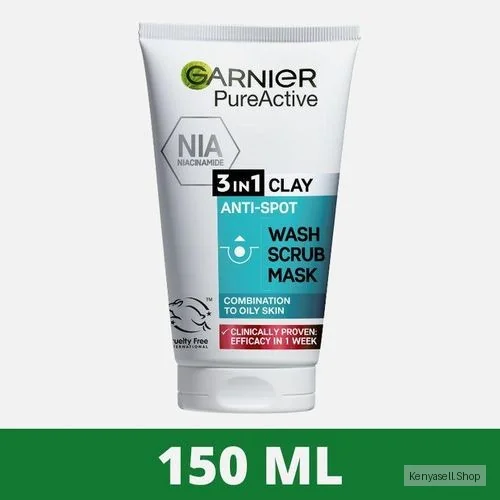 Garnier Pure Active Cleanser 3IN1 Clay Anti-Sport Wash, Scrub, Mask With Niacinamide + Clay For Oily SKin Scientifically Proven To Reduce Imperfections In 1 Week - 150ml