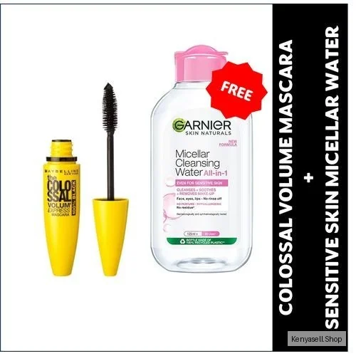 Maybelline 100% Colossol Volume Express Mascara Black + FREE Garnier Micellar Cleansing Water And Makeup Remover, For Sensitive Skin 100ml