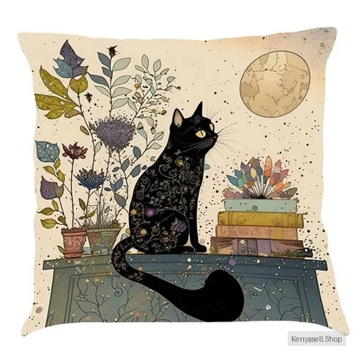 2Pcs Black Cat Cotton And Linen Pillowcase
