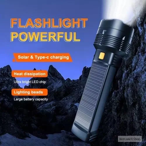 Multifunctional solar-powered LED flashlight, outdoor ultra-long-range flashlight, emgency mobile power supply, LED solar outdoor lamp